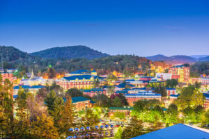 downtown Boone as dusk settles on the horizon