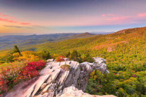 mountains in the fall with trees that have green, red, orange, and gold leaves. the sky is pink with sunset